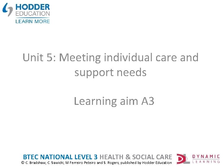 Unit 5: Meeting individual care and support needs Learning aim A 3 BTEC NATIONAL