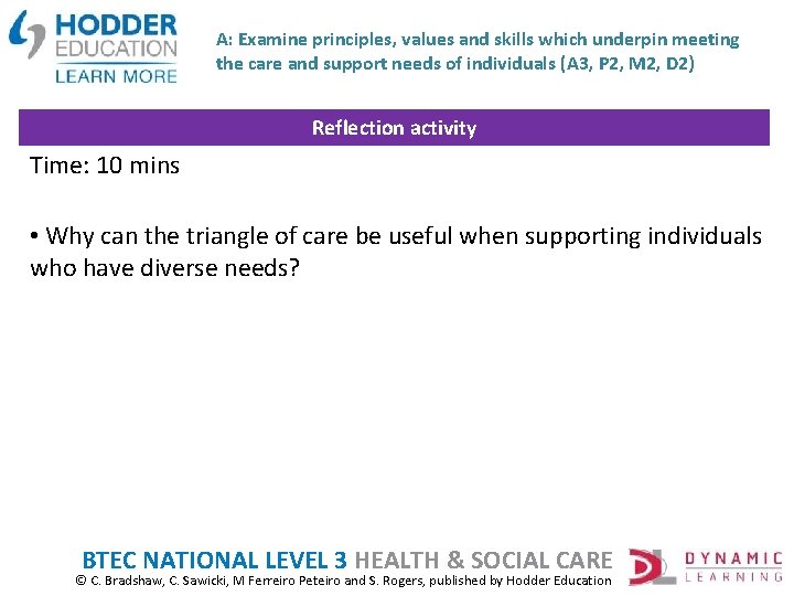 A: Examine principles, values and skills which underpin meeting the care and support needs
