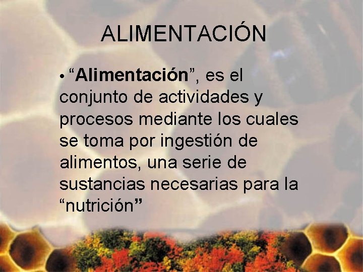 ALIMENTACIÓN • “Alimentación”, es el conjunto de actividades y procesos mediante los cuales se