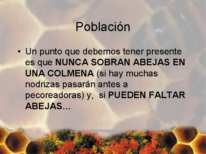 Población • Un punto que debemos tener presente es que NUNCA SOBRAN ABEJAS EN