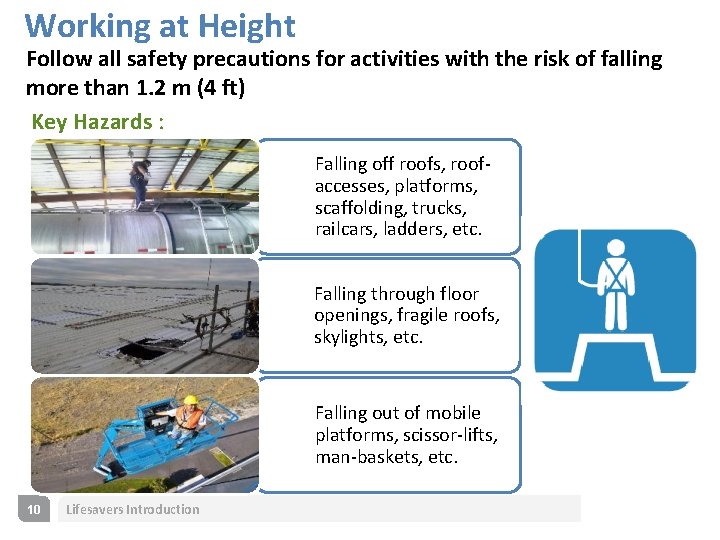 Working at Height Follow all safety precautions for activities with the risk of falling