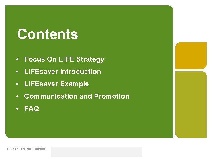 Contents • Focus On LIFE Strategy • LIFEsaver Introduction • LIFEsaver Example • Communication