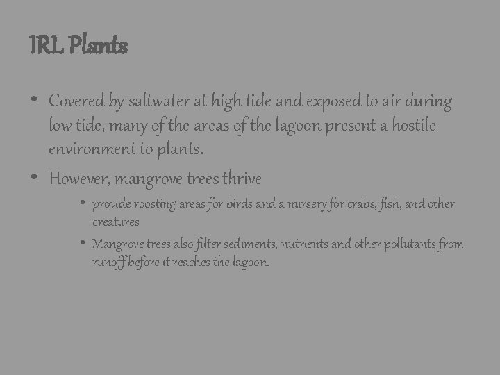 IRL Plants • Covered by saltwater at high tide and exposed to air during IRL Plants • Covered by saltwater at high tide and exposed to air during
