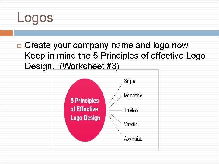 Logos Create your company name and logo now Keep in mind the 5 Principles