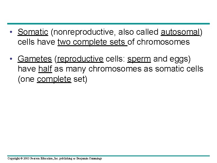 • Somatic (nonreproductive, also called autosomal) cells have two complete sets of chromosomes • Somatic (nonreproductive, also called autosomal) cells have two complete sets of chromosomes