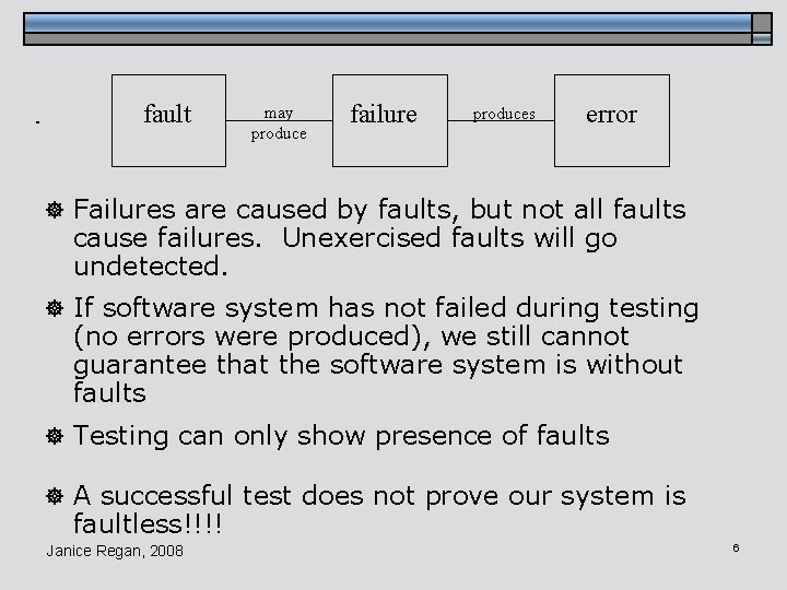 fault may produce failure produces error ] Failures are caused by faults, but not