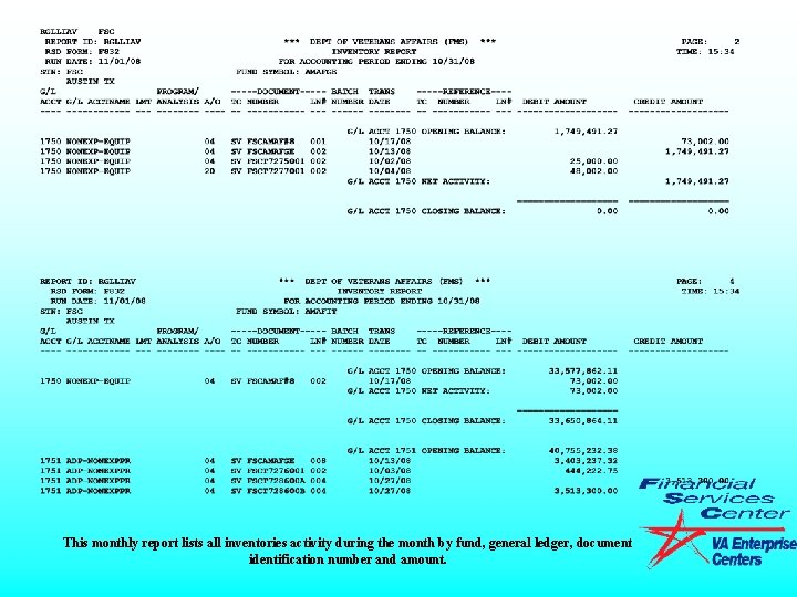 This monthly report lists all inventories activity during the month by fund, general ledger,