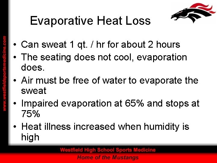 Evaporative Heat Loss • Can sweat 1 qt. / hr for about 2 hours