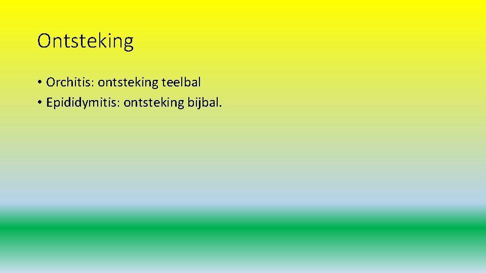 Ontsteking • Orchitis: ontsteking teelbal • Epididymitis: ontsteking bijbal. 