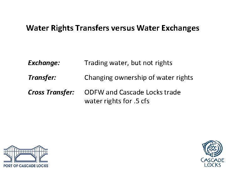 Water Rights Transfers versus Water Exchanges Exchange: Trading water, but not rights Transfer: Changing