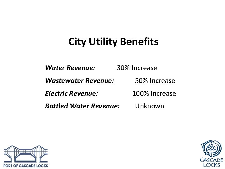 City Utility Benefits Water Revenue: 30% Increase Wastewater Revenue: Electric Revenue: Bottled Water Revenue: