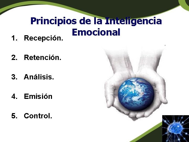 1. Principios de la Inteligencia Emocional Recepción. 2. Retención. 3. Análisis. 4. Emisión 5. 1. Principios de la Inteligencia Emocional Recepción. 2. Retención. 3. Análisis. 4. Emisión 5.