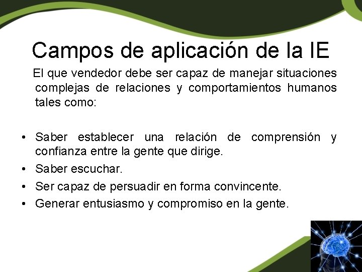 Campos de aplicación de la IE El que vendedor debe ser capaz de manejar Campos de aplicación de la IE El que vendedor debe ser capaz de manejar