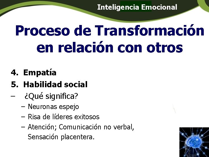 Inteligencia Emocional Panamá Proceso de Transformación en relación con otros 4. Empatía 5. Habilidad Inteligencia Emocional Panamá Proceso de Transformación en relación con otros 4. Empatía 5. Habilidad