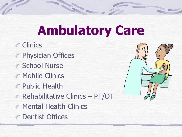 Ambulatory Care Clinics Physician Offices School Nurse Mobile Clinics Public Health Rehabilitative Clinics –