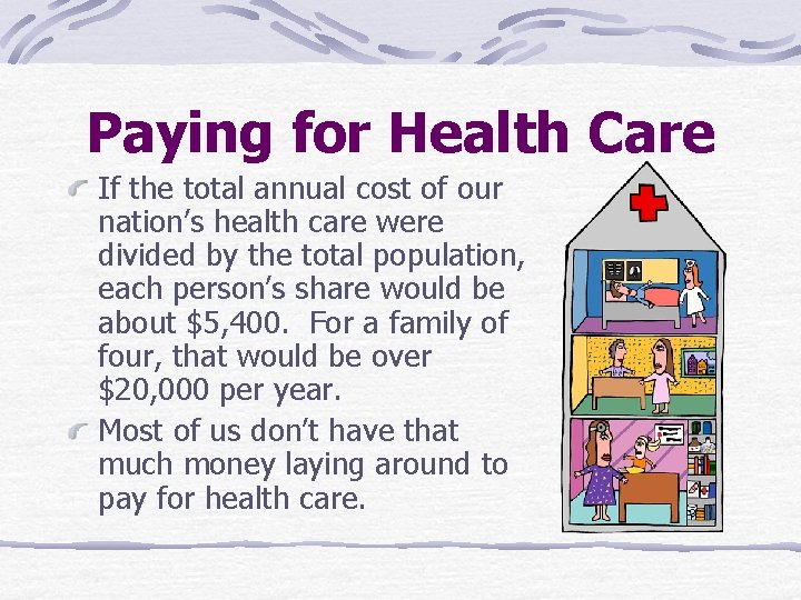 Paying for Health Care If the total annual cost of our nation’s health care