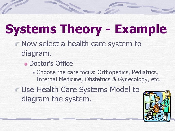 Systems Theory - Example Now select a health care system to diagram. Doctor’s Office