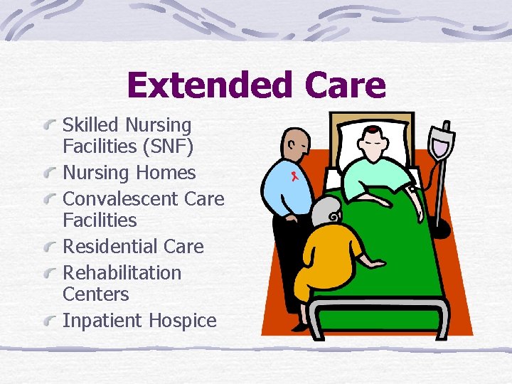Extended Care Skilled Nursing Facilities (SNF) Nursing Homes Convalescent Care Facilities Residential Care Rehabilitation