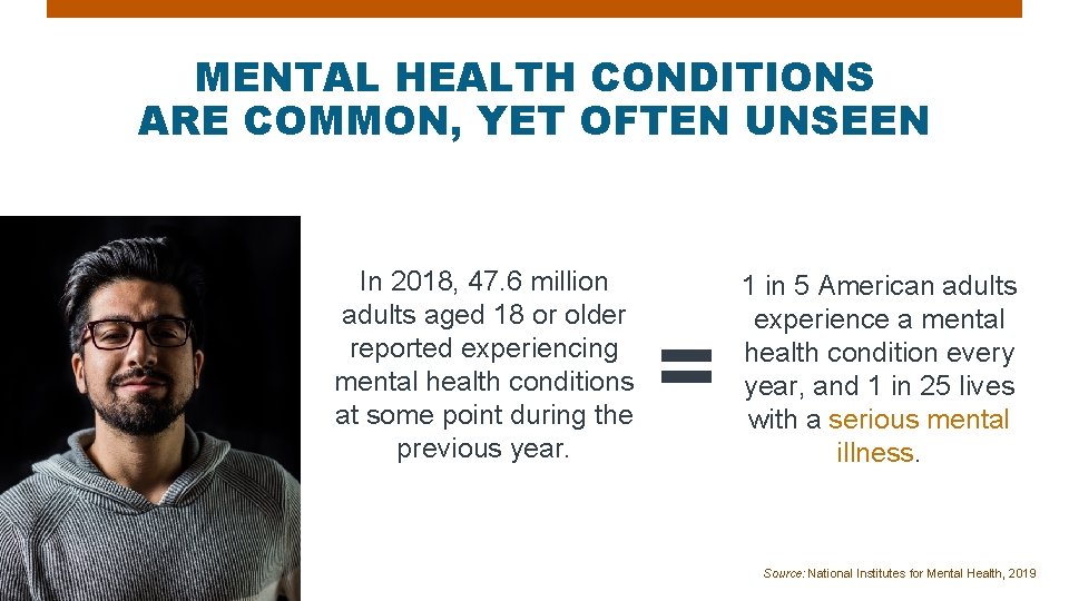 MENTAL HEALTH CONDITIONS ARE COMMON, YET OFTEN UNSEEN In 2018, 47. 6 million adults