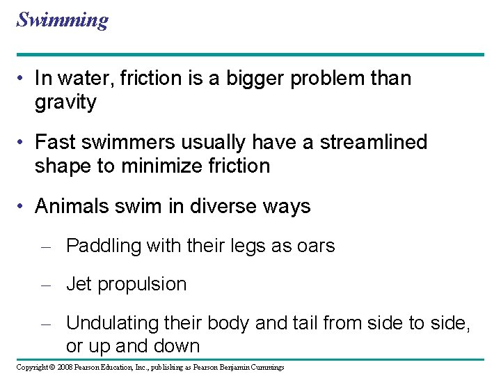 Swimming • In water, friction is a bigger problem than gravity • Fast swimmers