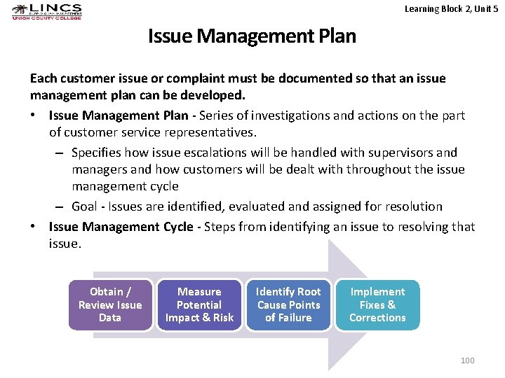 Learning Block 2, Unit 5 Issue Management Plan Each customer issue or complaint must