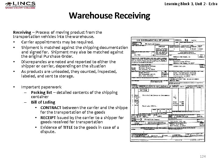Learning Block 3, Unit 2 - Extra Warehouse Receiving – Process of moving product