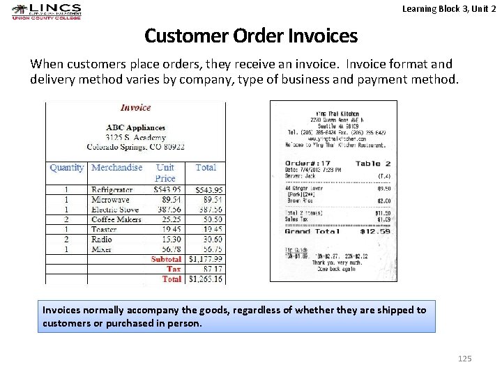 Learning Block 3, Unit 2 Customer Order Invoices When customers place orders, they receive