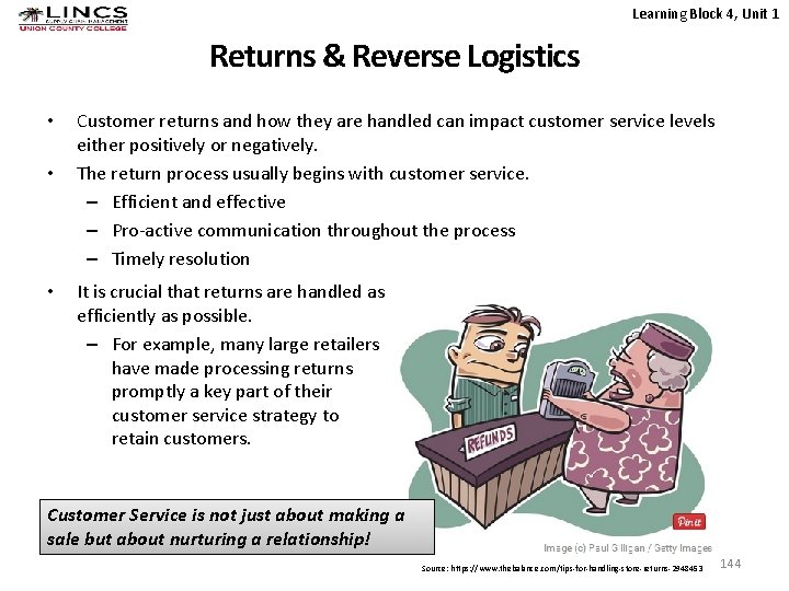 Learning Block 4, Unit 1 Returns & Reverse Logistics • • • Customer returns