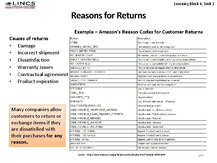 Learning Block 4, Unit 1 Reasons for Returns Causes of returns • Damage •