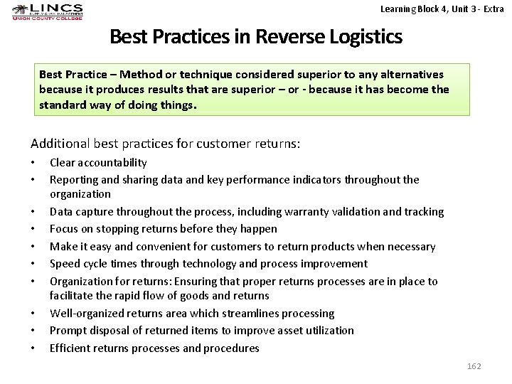 Learning Block 4, Unit 3 - Extra Best Practices in Reverse Logistics Best Practice