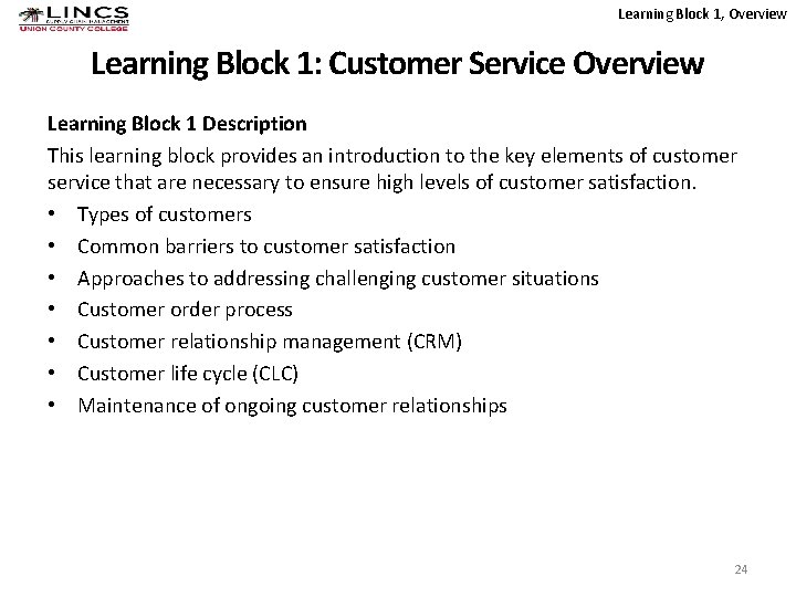 Learning Block 1, Overview Learning Block 1: Customer Service Overview Learning Block 1 Description