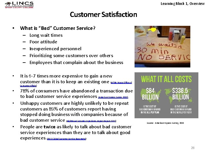 Learning Block 1, Overview Customer Satisfaction • What is “Bad” Customer Service? – Long