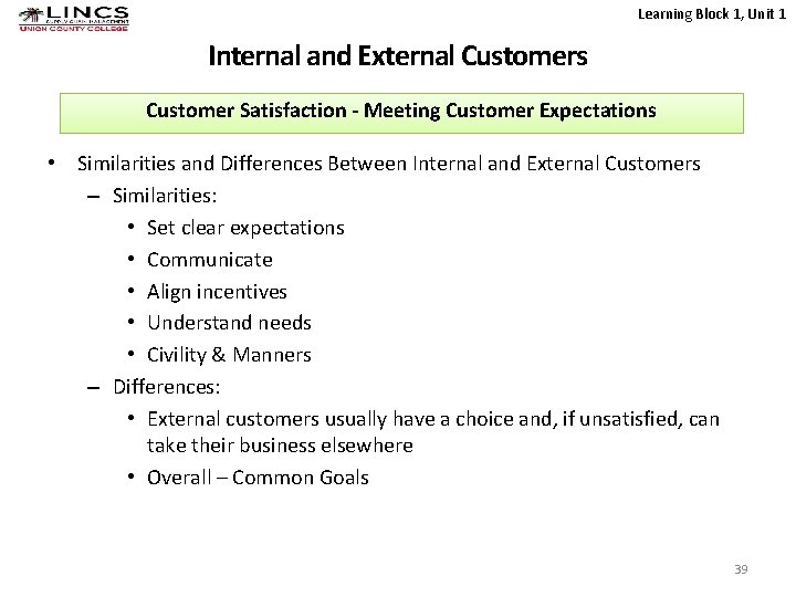 Learning Block 1, Unit 1 Internal and External Customers Customer Satisfaction - Meeting Customer