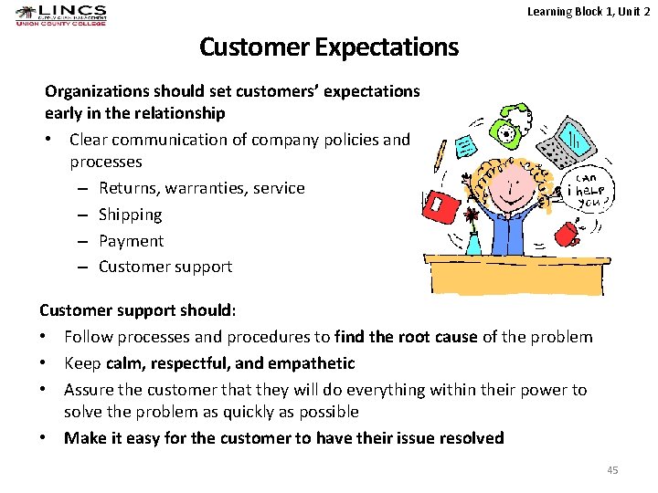 Learning Block 1, Unit 2 Customer Expectations Organizations should set customers’ expectations early in