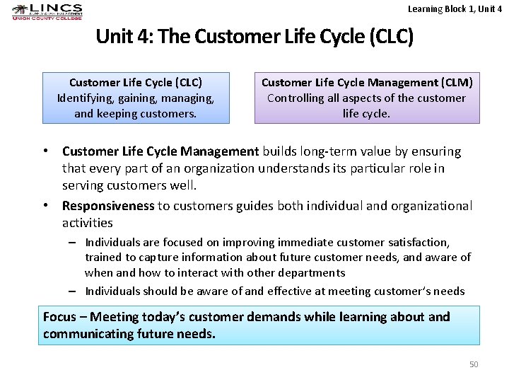 Learning Block 1, Unit 4: The Customer Life Cycle (CLC) Identifying, gaining, managing, and
