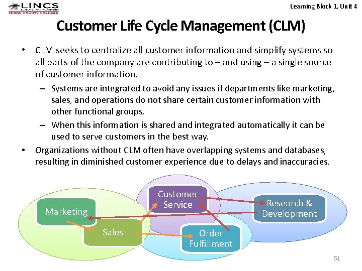 Learning Block 1, Unit 4 Customer Life Cycle Management (CLM) • CLM seeks to
