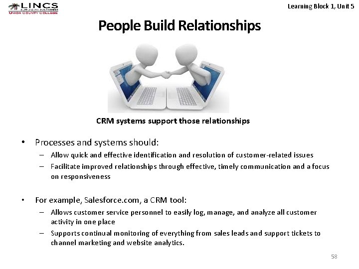 Learning Block 1, Unit 5 People Build Relationships CRM systems support those relationships •