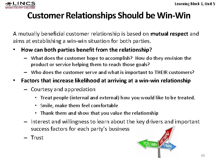 Learning Block 1, Unit 5 Customer Relationships Should be Win-Win A mutually beneficial customer