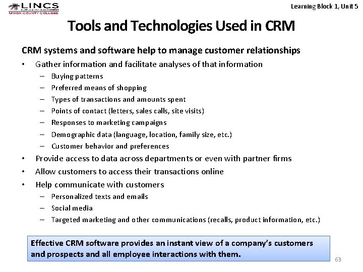 Learning Block 1, Unit 5 Tools and Technologies Used in CRM systems and software