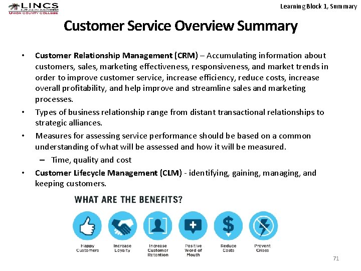 Learning Block 1, Summary Customer Service Overview Summary • • Customer Relationship Management (CRM)