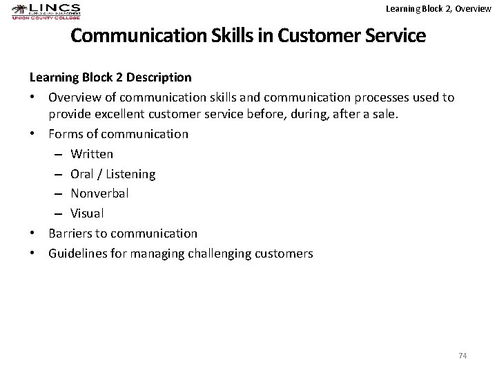 Learning Block 2, Overview Communication Skills in Customer Service Learning Block 2 Description •