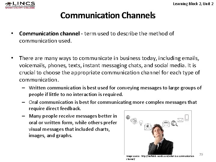 Learning Block 2, Unit 2 Communication Channels • Communication channel - term used to
