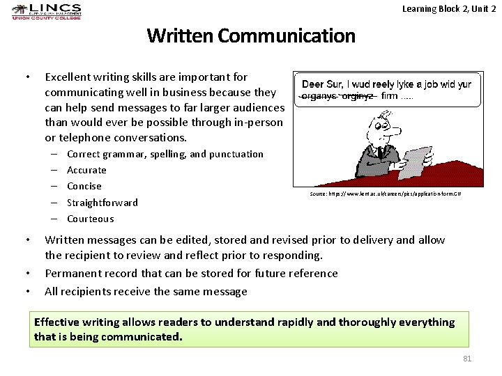 Learning Block 2, Unit 2 Written Communication • Excellent writing skills are important for