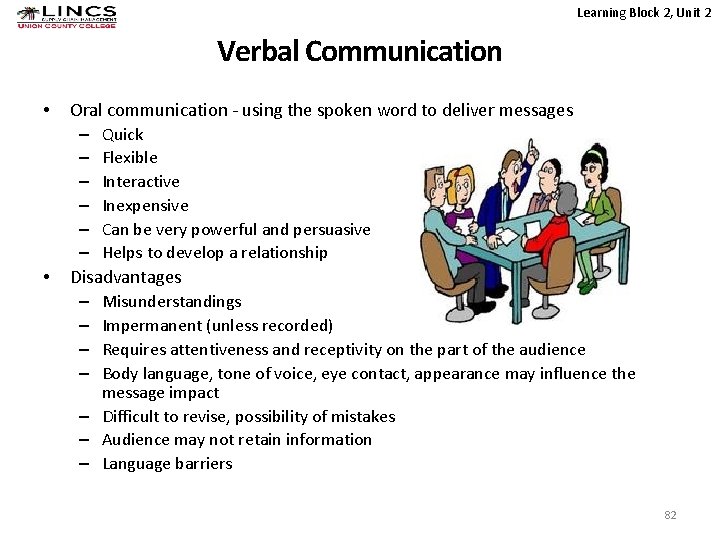 Learning Block 2, Unit 2 Verbal Communication • • Oral communication - using the