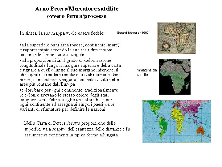 Arno Peters/Mercatore/satellite ovvero forma/processo In sintesi la sua mappa vuole essere fedele: Gerard Mercator