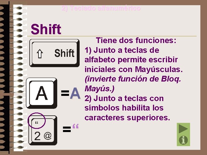 2) Teclado alfanumérico Shift =A =“ Tiene dos funciones: 1) Junto a teclas de