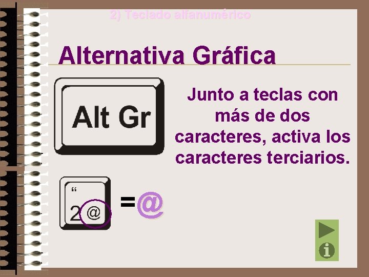 2) Teclado alfanumérico Alternativa Gráfica Junto a teclas con más de dos caracteres, activa