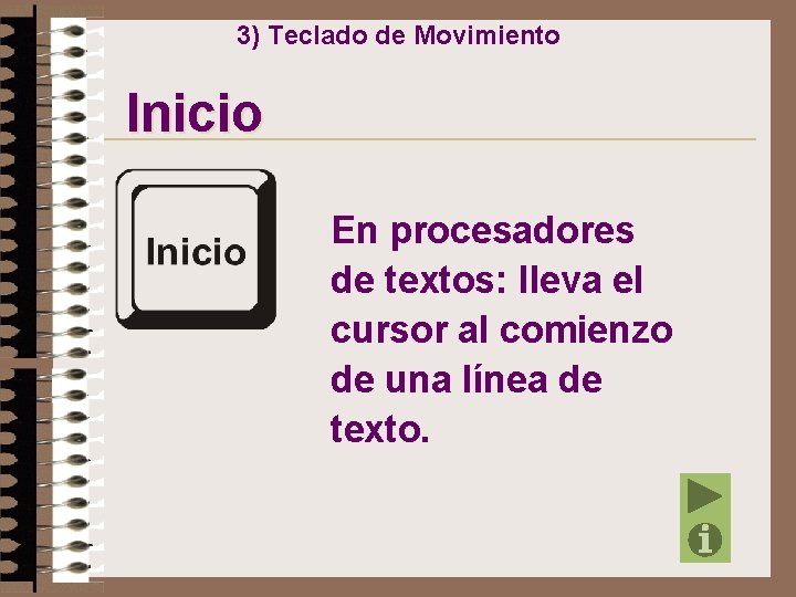 3) Teclado de Movimiento Inicio En procesadores de textos: lleva el cursor al comienzo