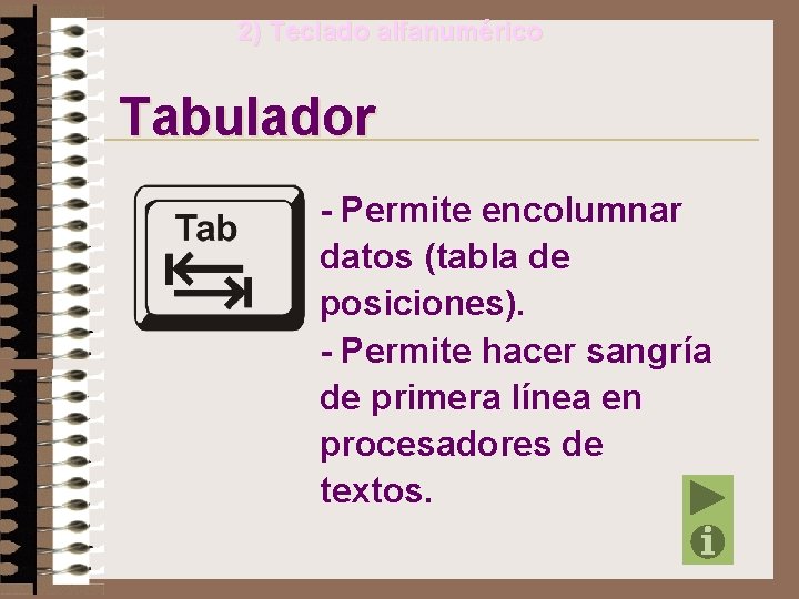 2) Teclado alfanumérico Tabulador - Permite encolumnar datos (tabla de posiciones). - Permite hacer