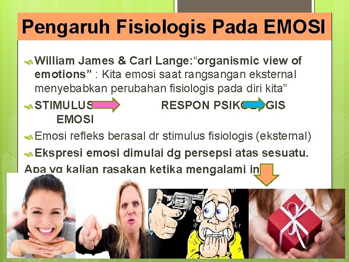 Pengaruh Fisiologis Pada EMOSI William James & Carl Lange: “organismic view of emotions” :
